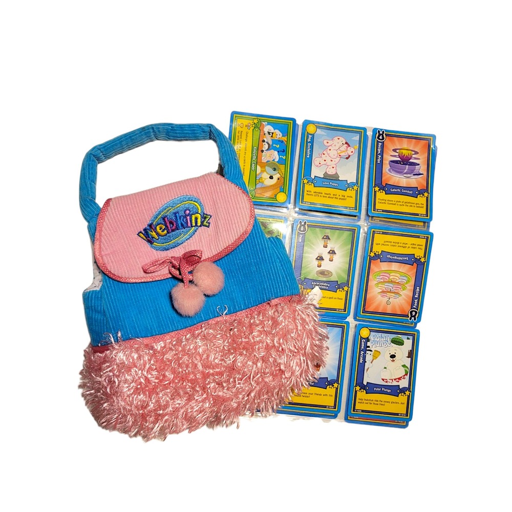 Webkinz Plush Purse with Trading‎ Cards Lot, Blue Pink Corduroy Fuzzy Trim